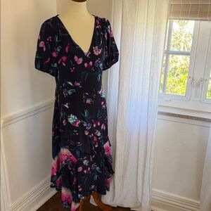 Tanya Taylor V-Neck Midi Dress in Navy with Pink Accents